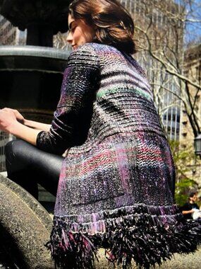 CARLISLE Multicolor Metallic Woven Ribbon Tweed & Fringe Longline Jacket Topper